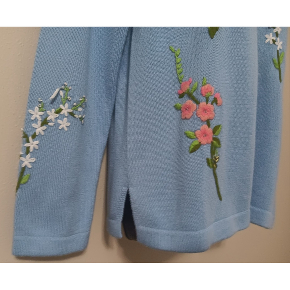 Vintage Quacker Factory Womens Medium Sweater Blue Multicolor Embroidered Floral - Picture 3 of 8